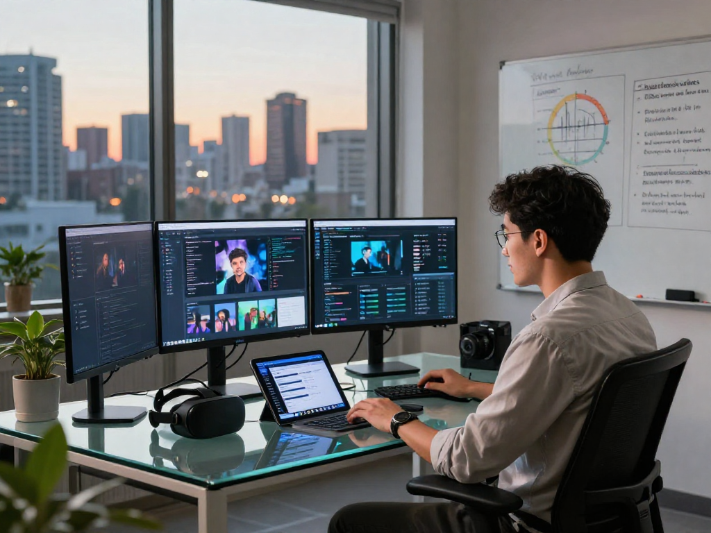 Detect AI image analysis in a modern workspace with advanced tools and multiple screens displaying AI-generated content.