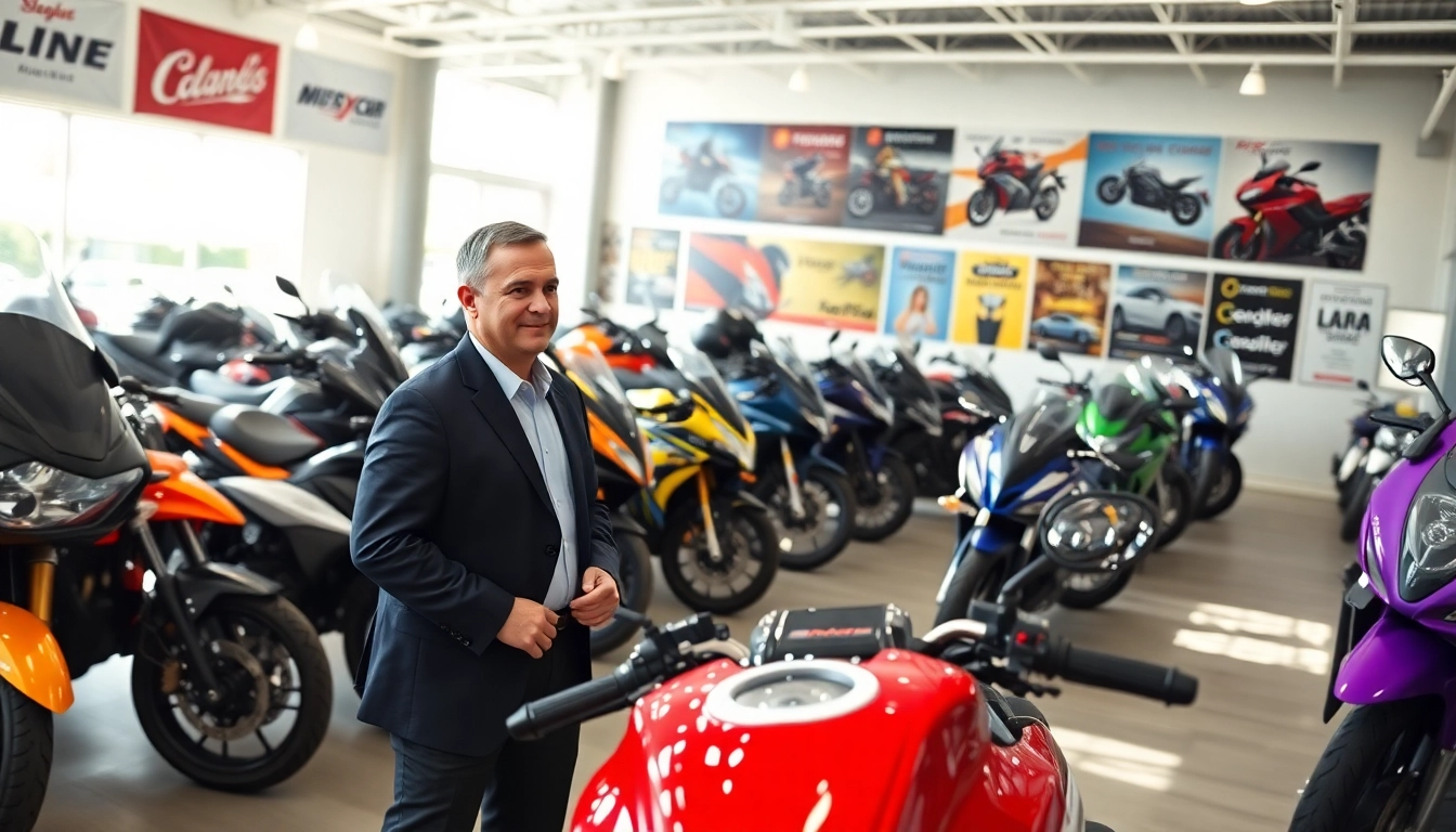 Motorradhändler präsentiert eine Vielzahl von Motorrädern in einem hellen Showroom.