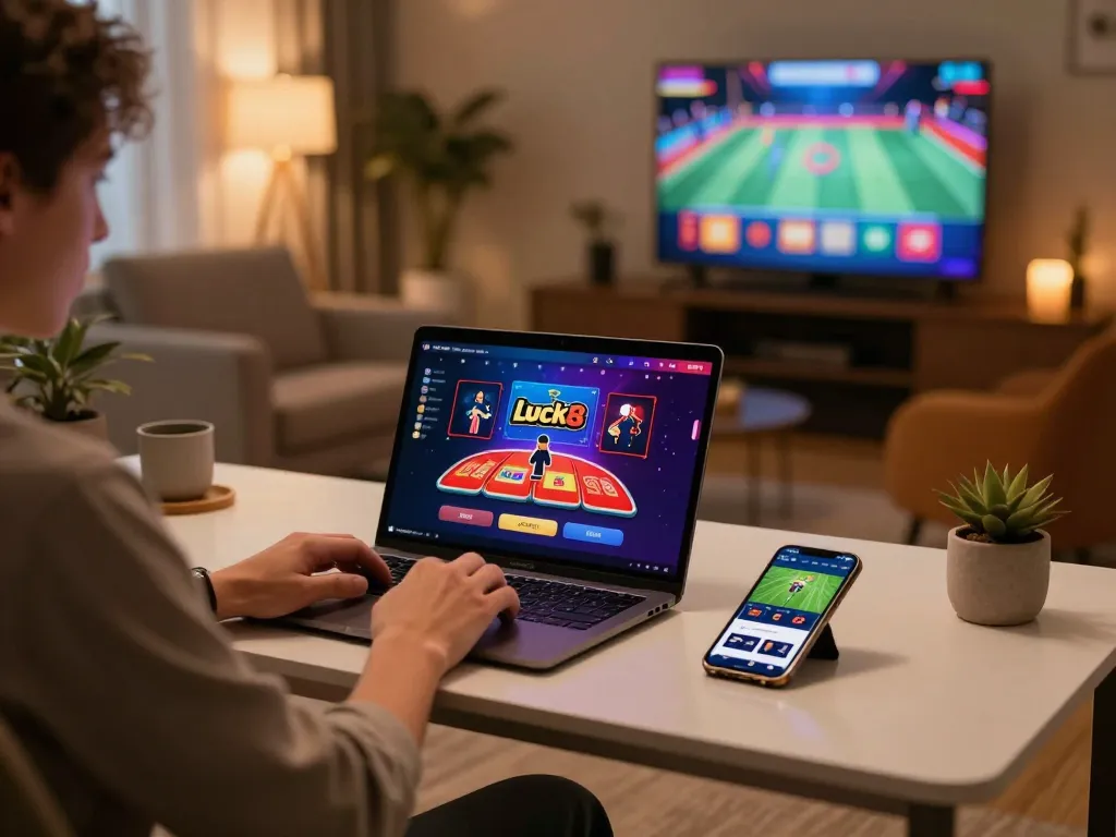 Luck8 player strategizing with mobile app on sleek desk while enjoying a comfortable gaming atmosphere.