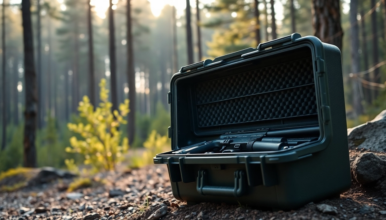 Showcasing a pelican rifle case in an outdoor setup, highlighting its durable features and organization.