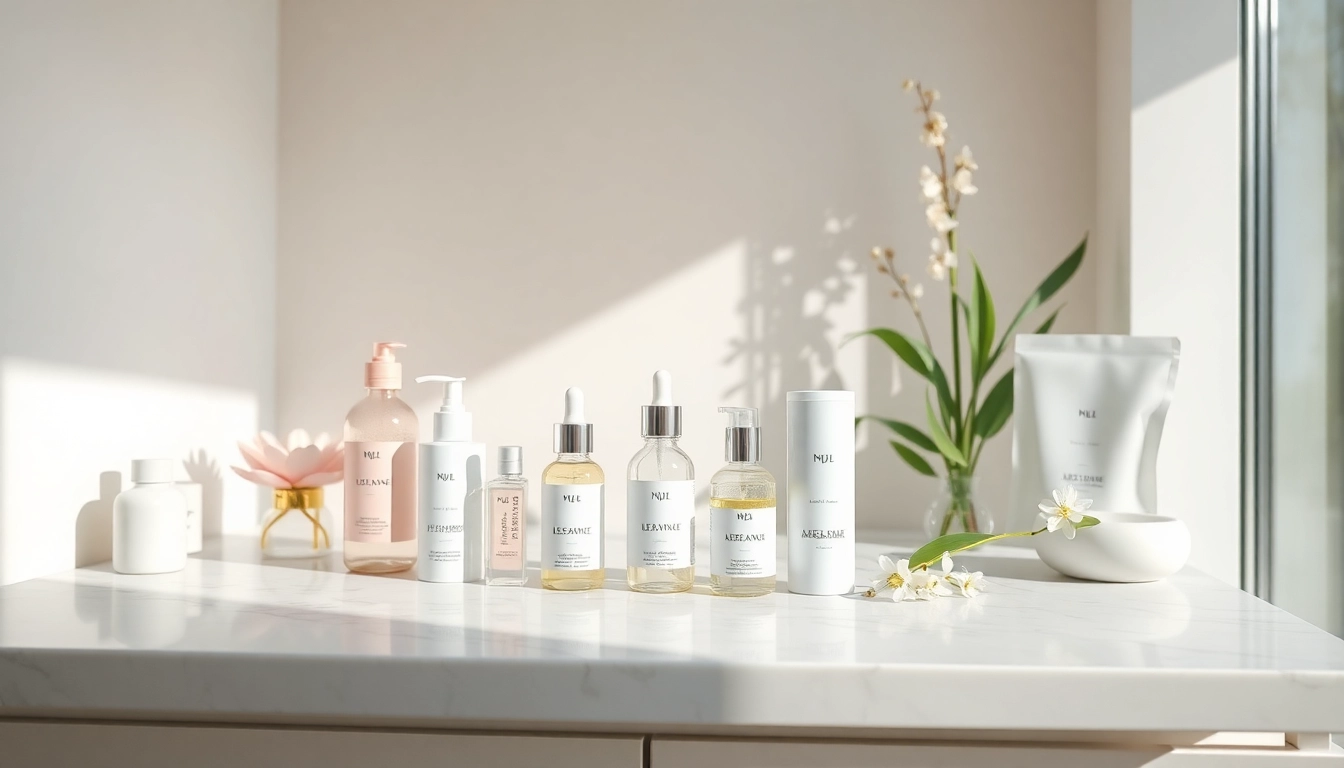 Koreansk hudvård online i Sverige med fridfulla K-beauty-produkter på en marmorbänkskiva.