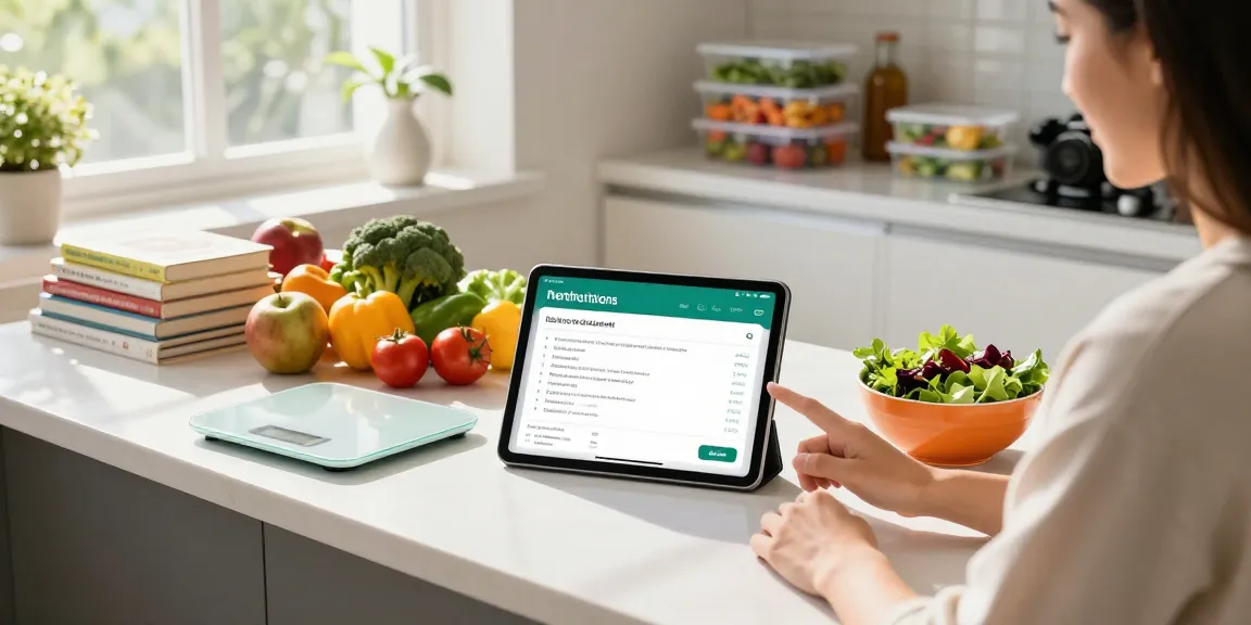 Using the best nutrition tracking app on a tablet in a bright kitchen with fresh ingredients.