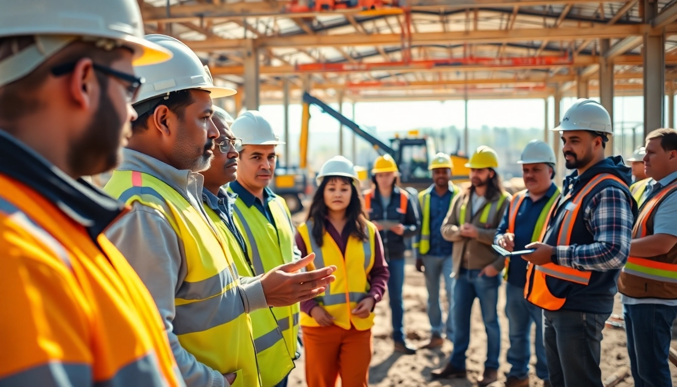 Participants in construction training programs engaging with instructors at a vibrant job site.