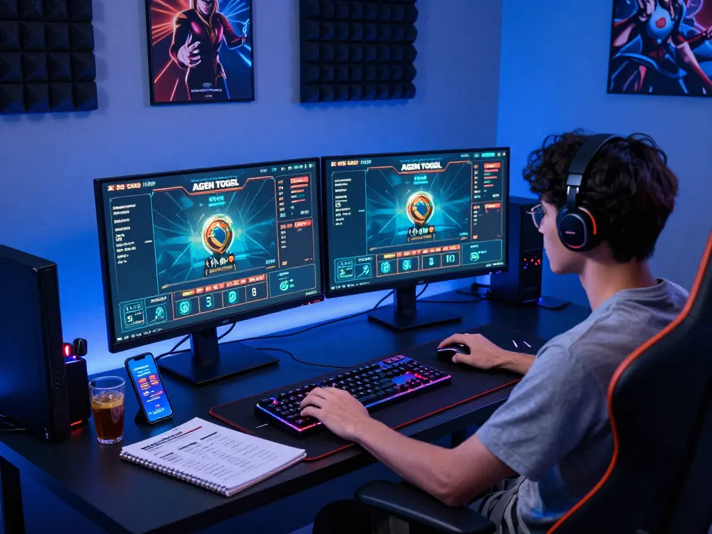 Immersive gaming setup showcasing a person engaging with Agen Togel platform amidst vibrant graphics and multiple monitors, enhancing the online betting experience.
