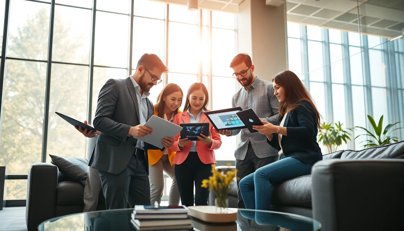 Team collaborating on enterprise search solutions in a modern office environment.