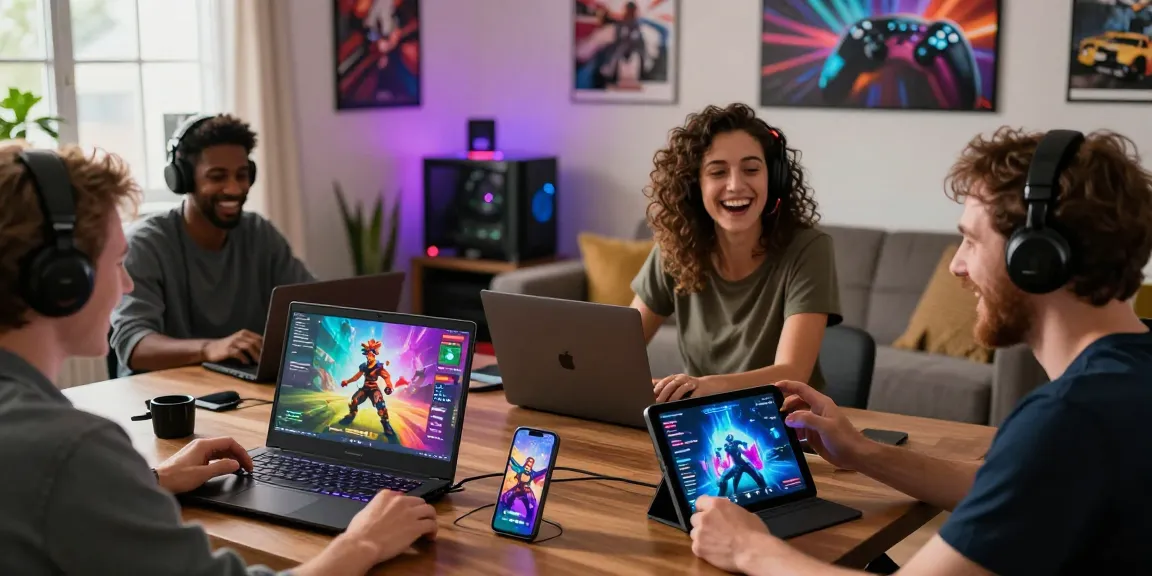 Enthusiastic players enjoying adult games on various devices in a lively setting.
