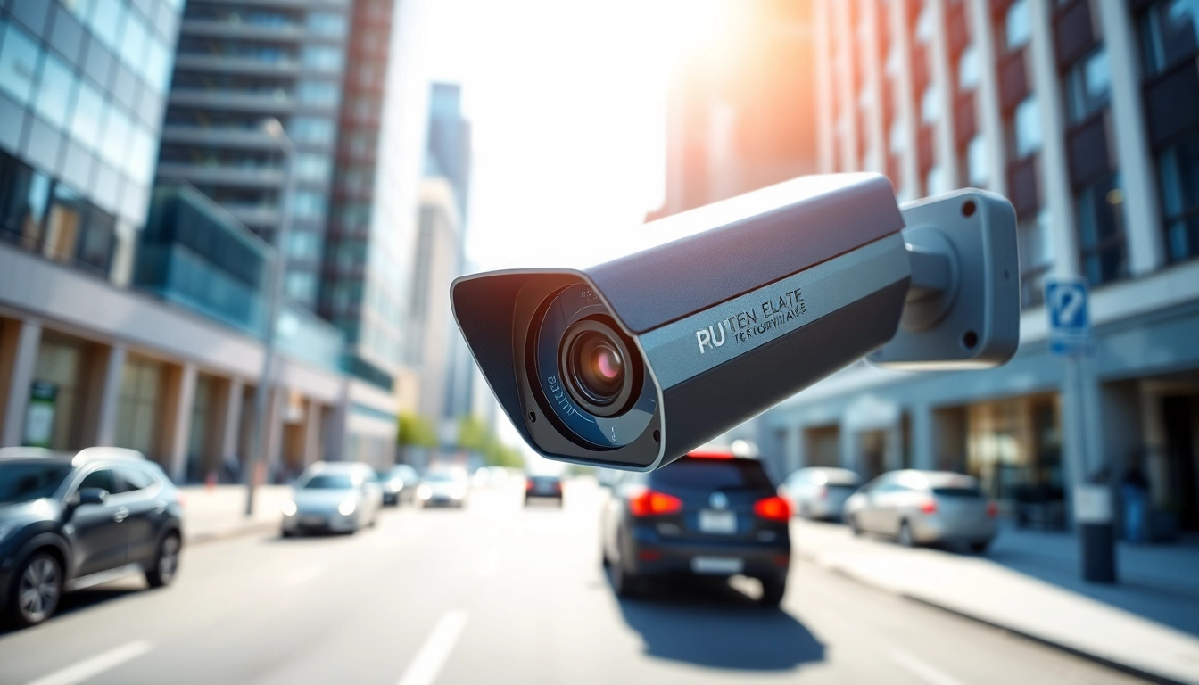 Automatic license plate recognition camera capturing vehicles on a city street.