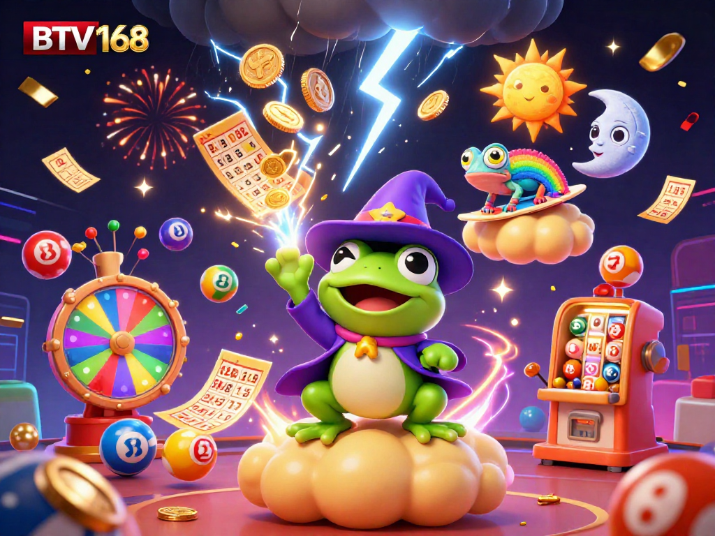Experience the magic of BTV168 with a colorful lottery scene featuring a weather wizard frog and more!