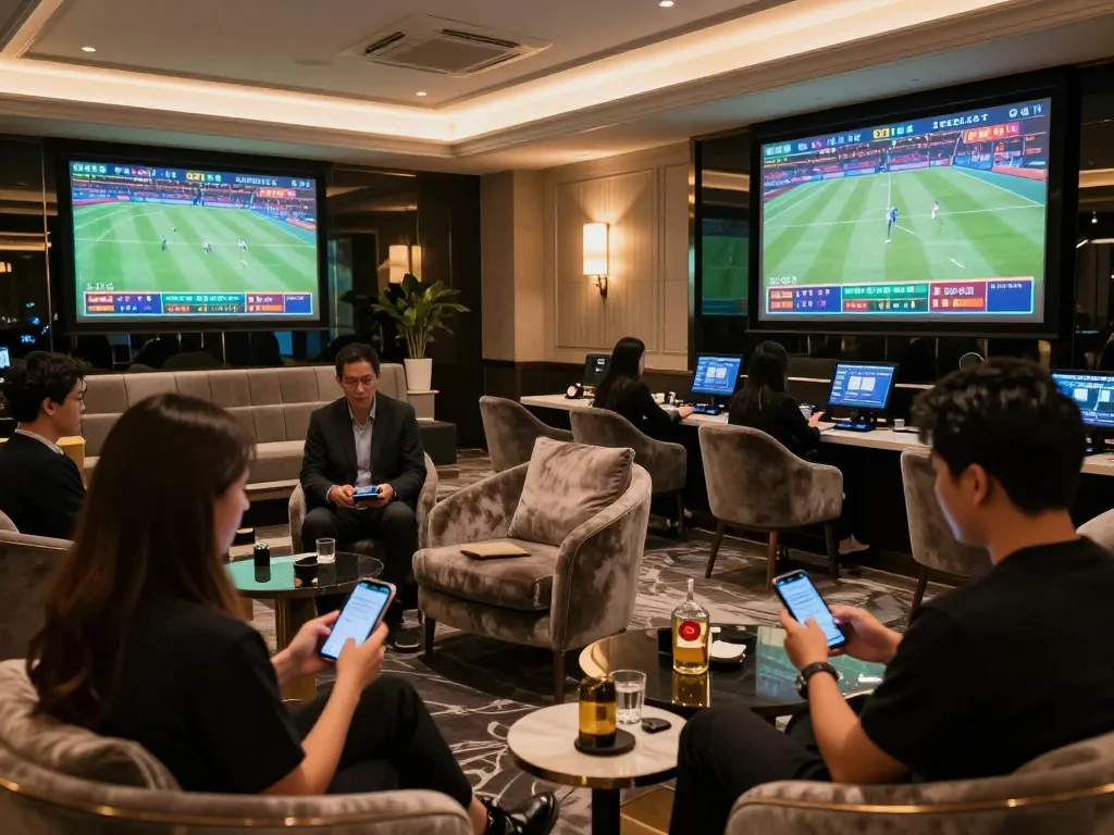 KQBD sports betting lounge showcasing live matches and engaged patrons using mobile apps