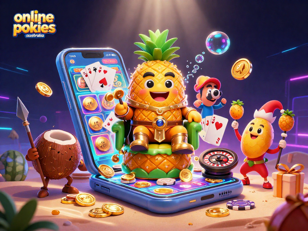 Engage with online pokies Australia, featuring vibrant casino characters and exciting gaming elements.