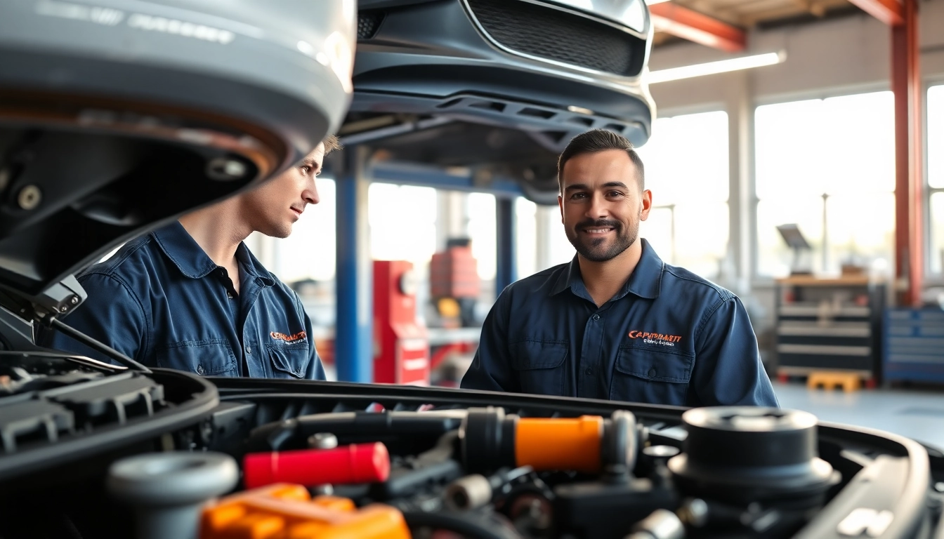 Inspecting extended car warranty for used cars in a garage setting.