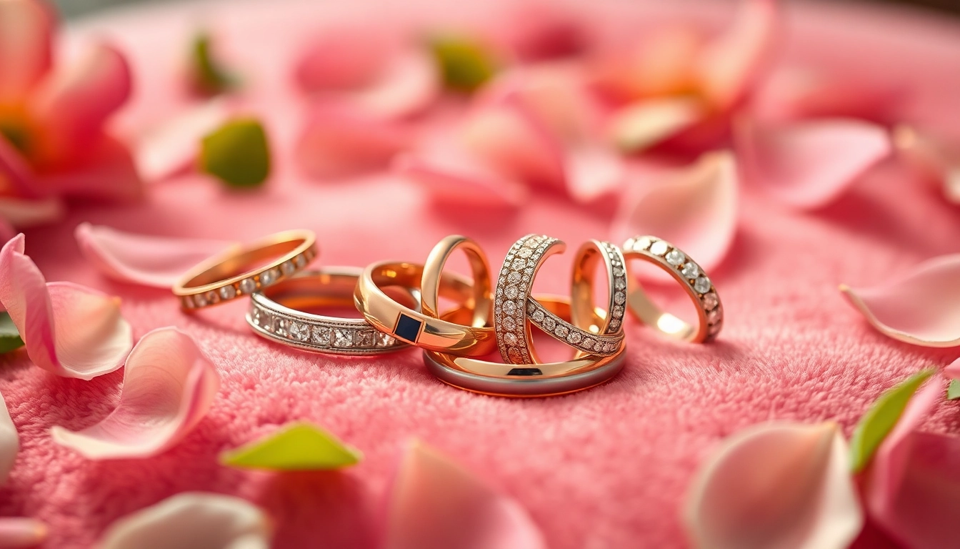 Admiring beautiful wedding bands with intricate designs and textures on display.