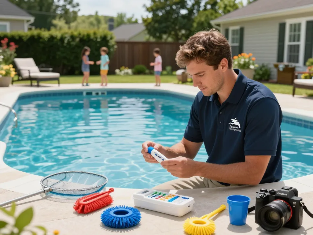 Dolphin Pool Services technician performing pool maintenance in a vibrant backyard.