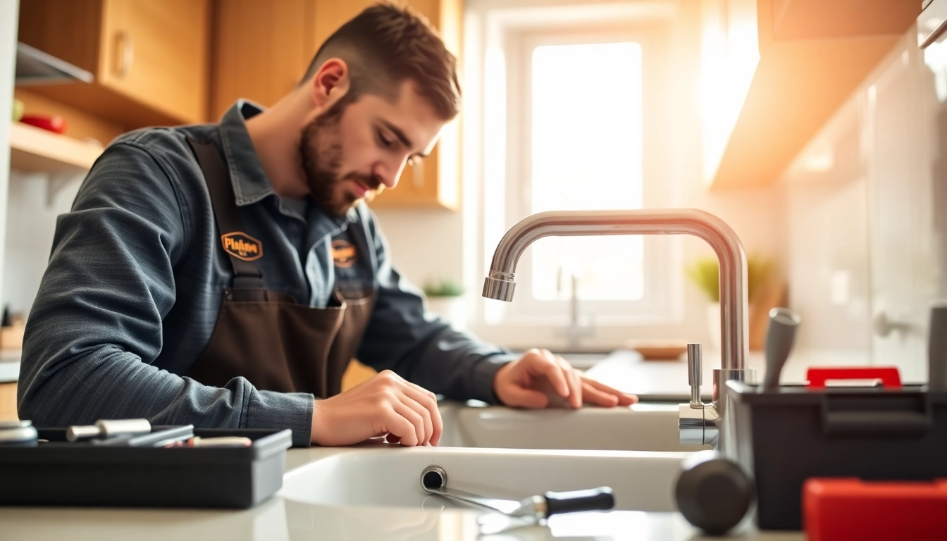 Skilled plumber fixing a faucet in a well-lit kitchen, search for a plumber near me.