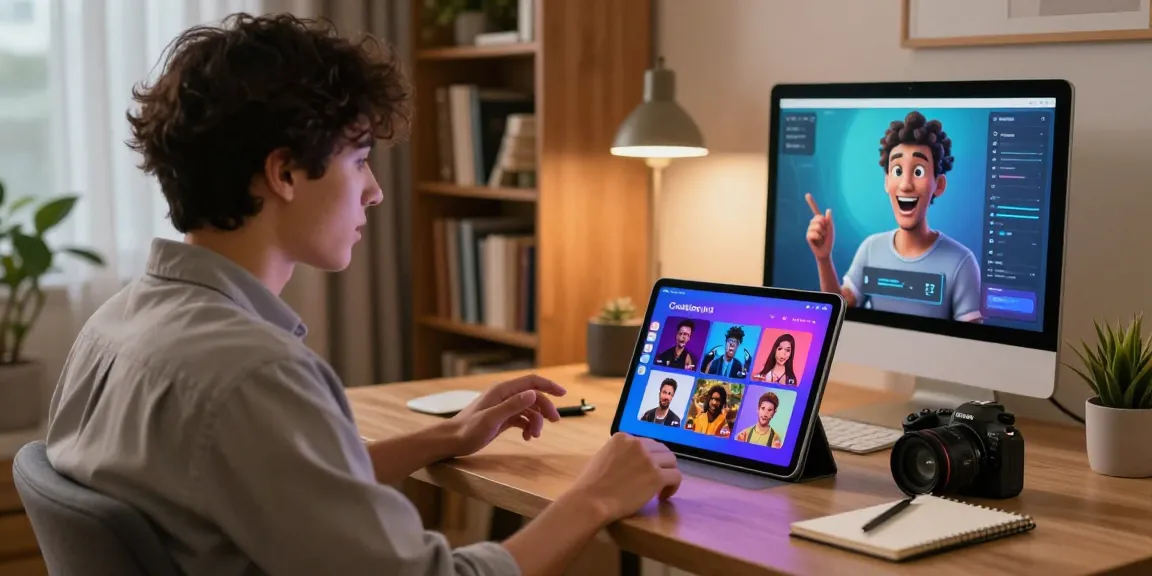 Engaging conversation with Crushon AI, showcasing a young professional interacting with a digital avatar in a cozy home office setting.
