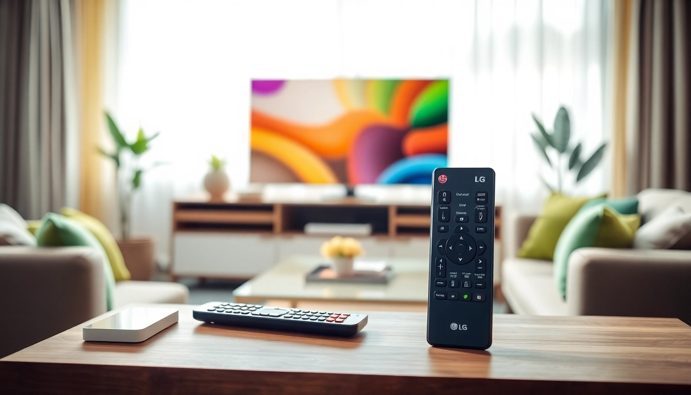 LG Universal Fernbedienung liegt stilvoll auf einem TV-Ständer mit modernen Fernsehzubehör.