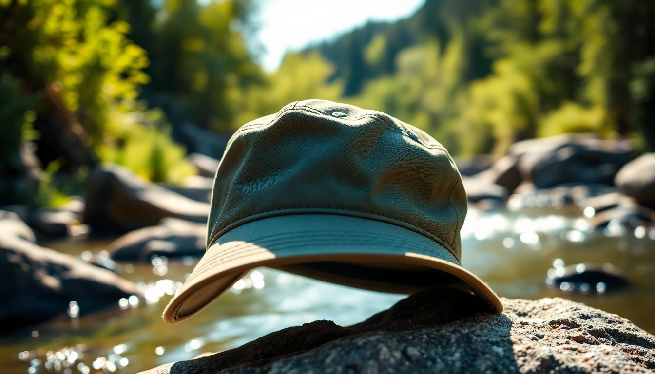 Stylish fly fishing hat showcased near a river, capturing the essence of outdoor adventure.