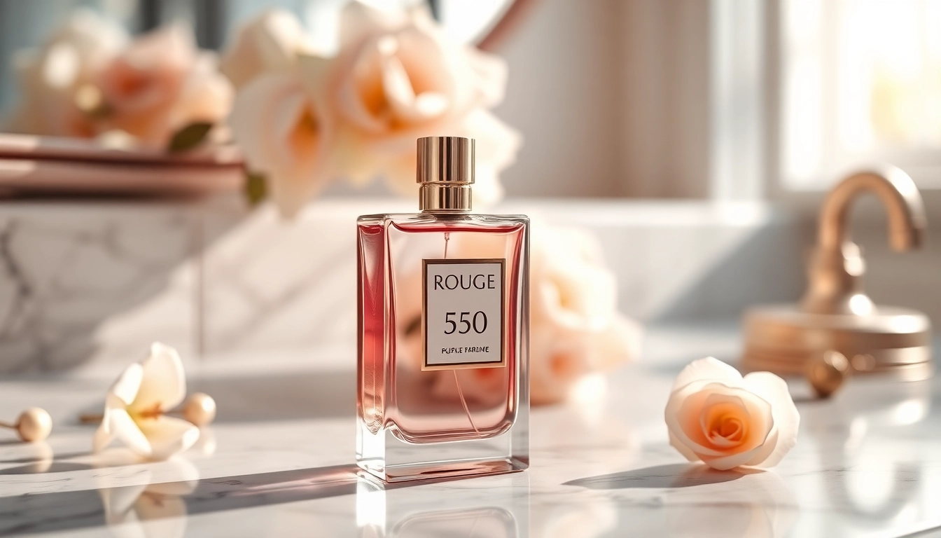 Showcase the luxurious Rouge 540 perfume bottle with a refined floral background.