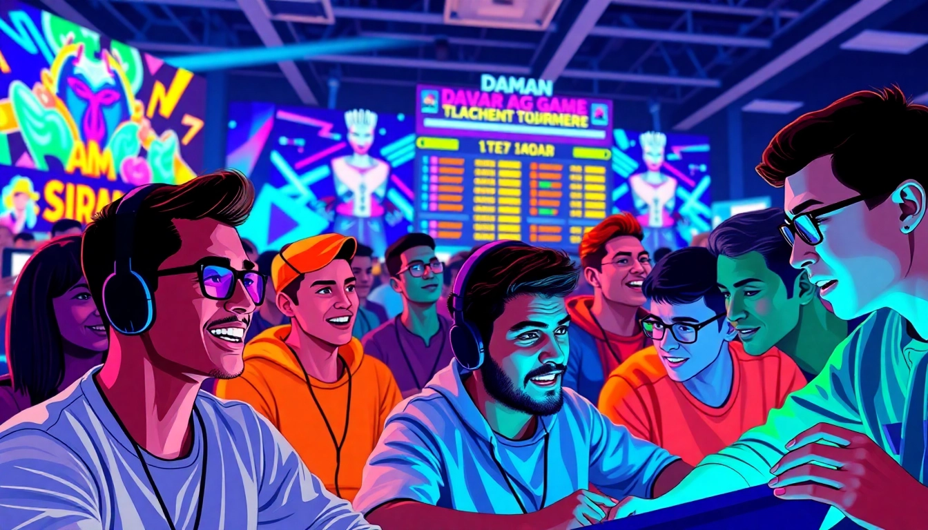 Gamers engaged in an intense online tournament playing daman games, showcasing excitement and focus.
