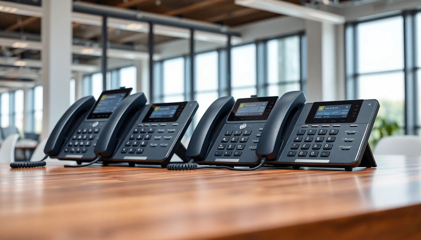 Showcasing office phone systems with a modern design in a bright, professional workspace.