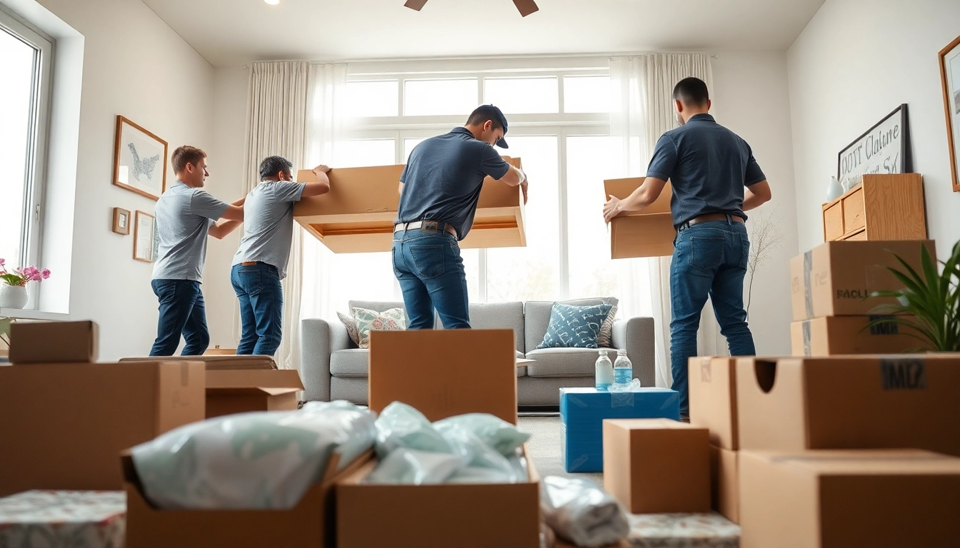 Movers working diligently during a lift and load moving process in a bright living room.