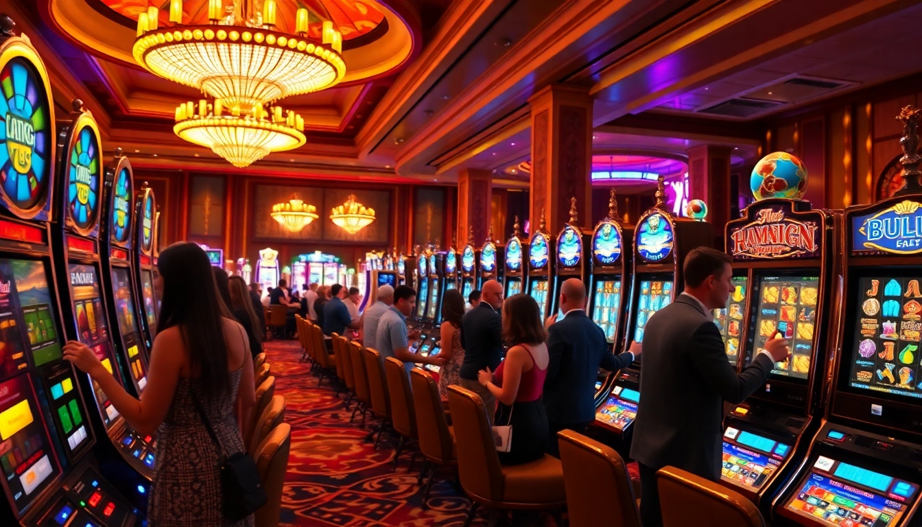 Engaged players enjoying range of slot games in a vibrant 슬롯커뮤니티 setting at a luxury casino.