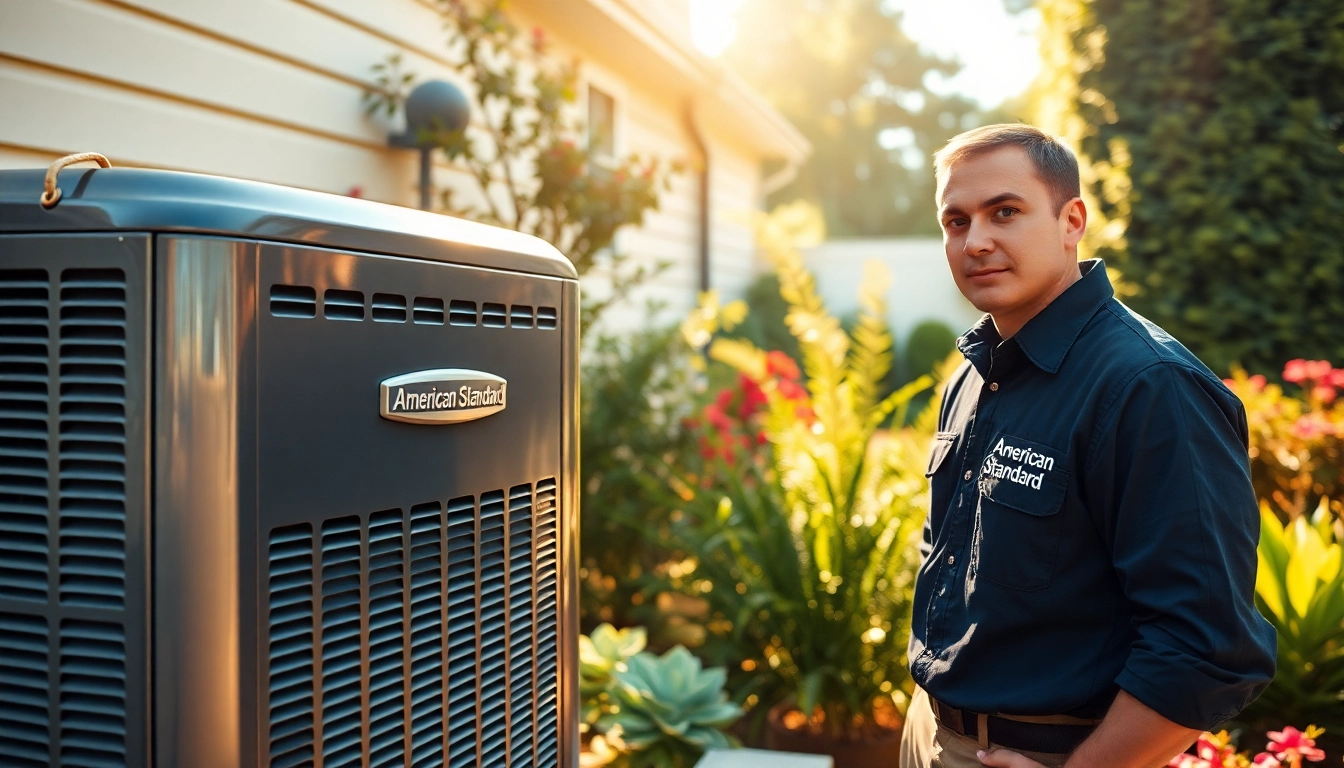 American Standard HVAC dealer technician servicing an air conditioning unit.