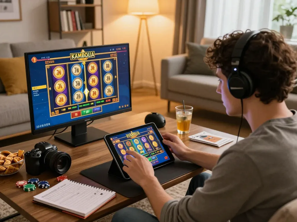 Engaging scene of slot server kamboja gameplay on tablet in cozy home, enhancing online gambling experience