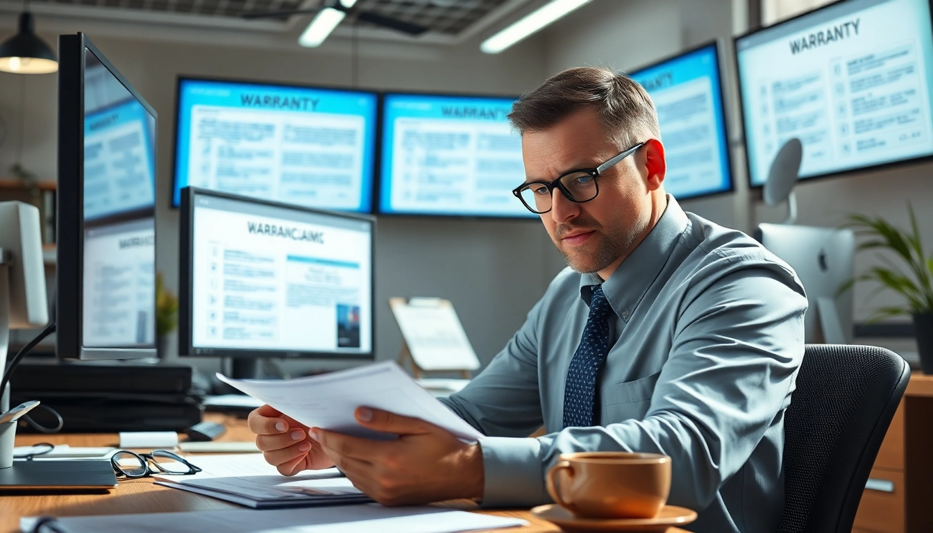 Fast warranty claim decisions in action, showcasing an efficient office setting with a focused professional.
