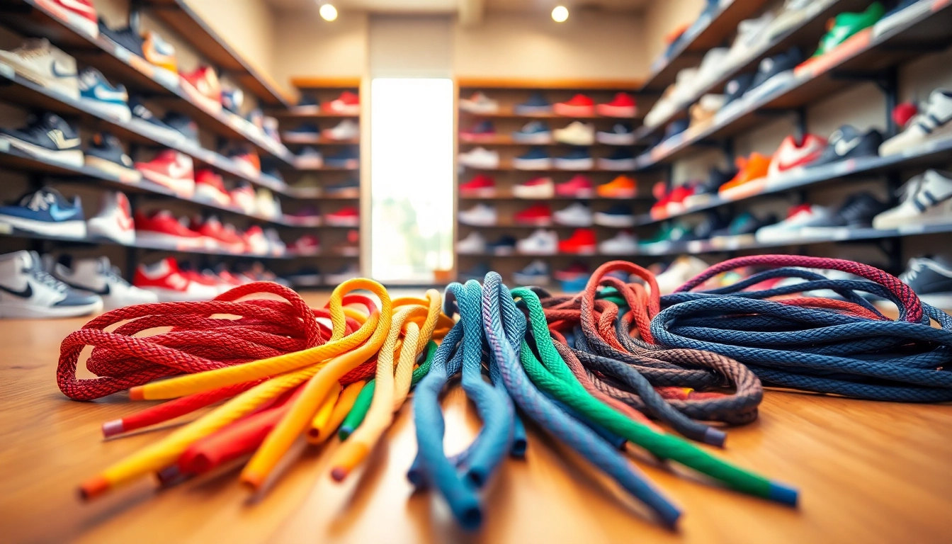 Shoelaces organized in a shop as part of the Standard lace length guide for Nike & Adidas.