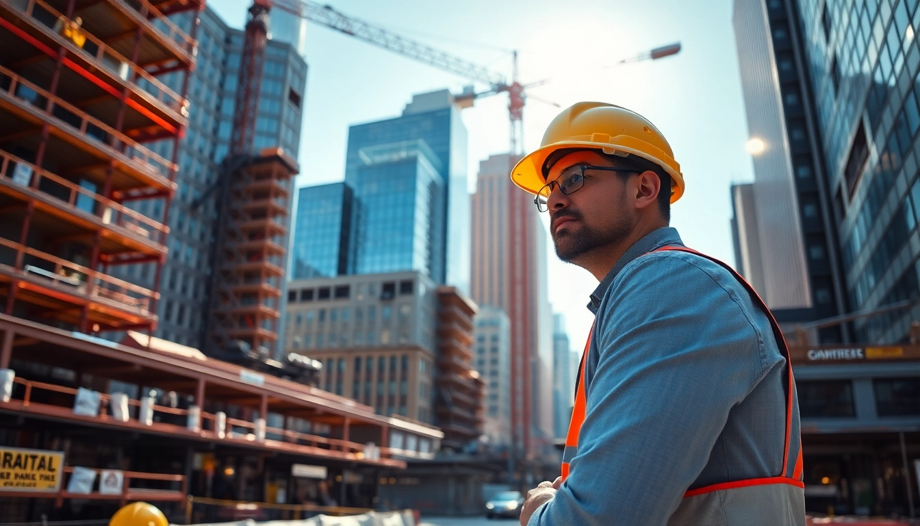 New York City Construction Manager strategizing at a lively construction site with blueprints.