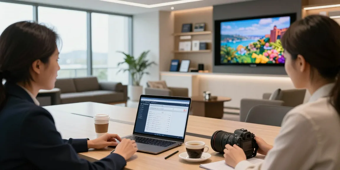 Professional travel agency CRM meeting with clients discussing trip details in an elegant office environment.