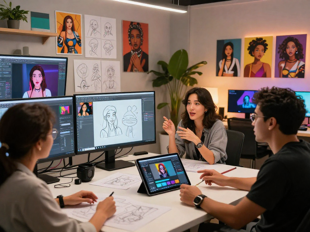 Creative professionals discussing AI porn concepts in a digital studio.