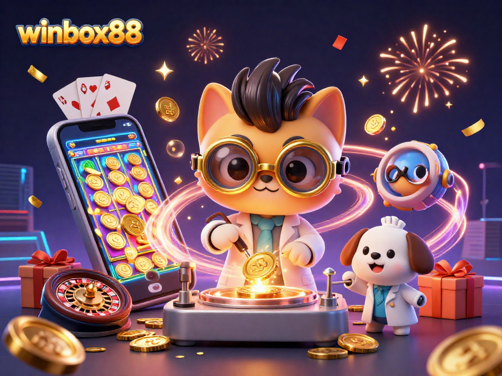 Winbox88 showcases a vibrant casino scene with a mad scientist cat and lab assistant dog amidst dynamic game elements.