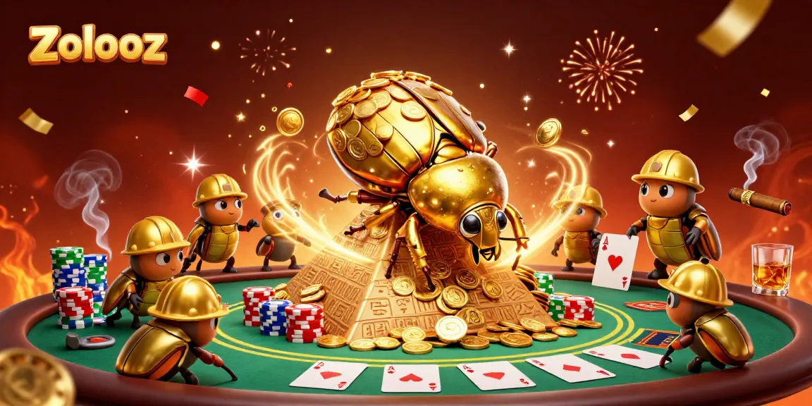 Zolooz brings excitement with a massive golden dung beetle rolling coins amid a vibrant casino scene.