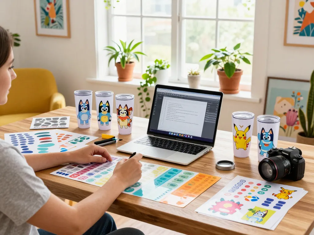 Creating stunning Cricut SVG bundle designs in a colorful home studio filled with vibrant tumbler art.