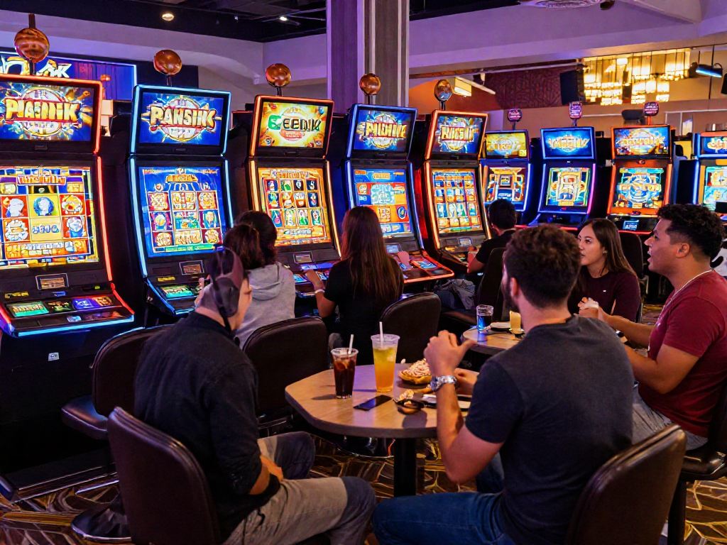 Friends enjoying a thrilling slot bonus experience at a lively casino.