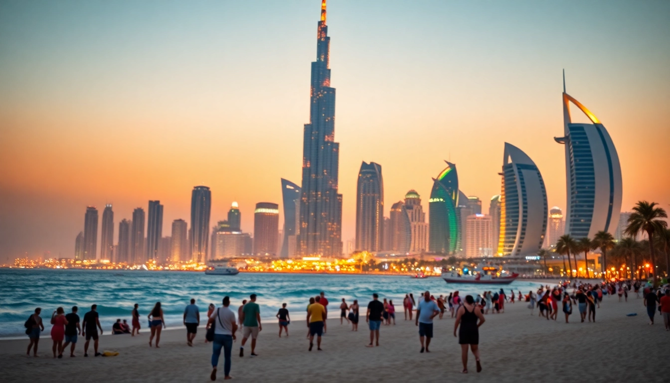 Captivating view from the Dubai City Guide showcasing Dubai's skyline at dusk with vibrant colors and diverse people.