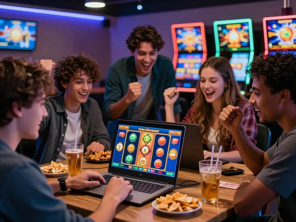 Friends enjoying situs gacor online slot games together with vibrant reels and snacks.