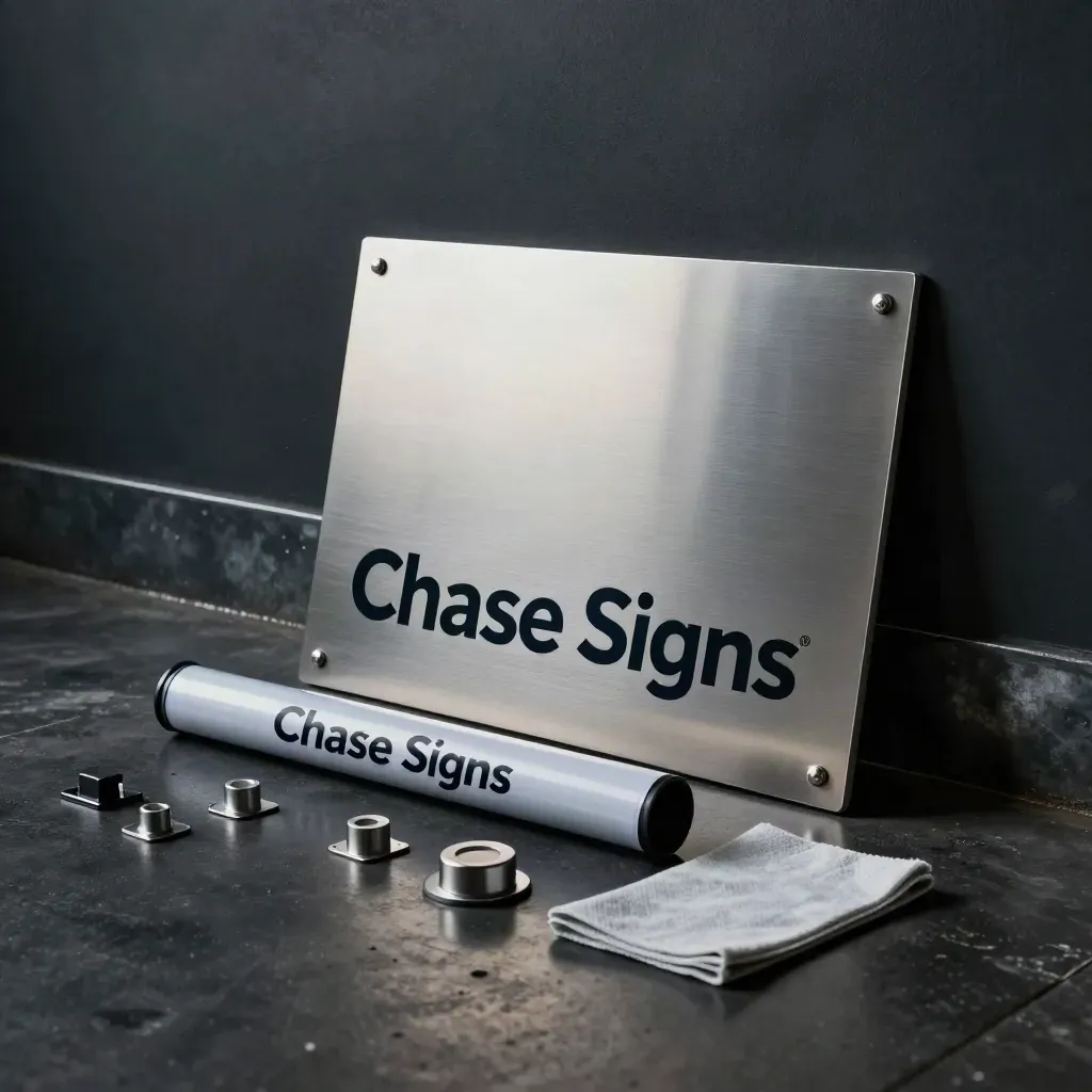 Blank storefront sign kit with plaque, wall panel and window film tube in a dark industrial bay.