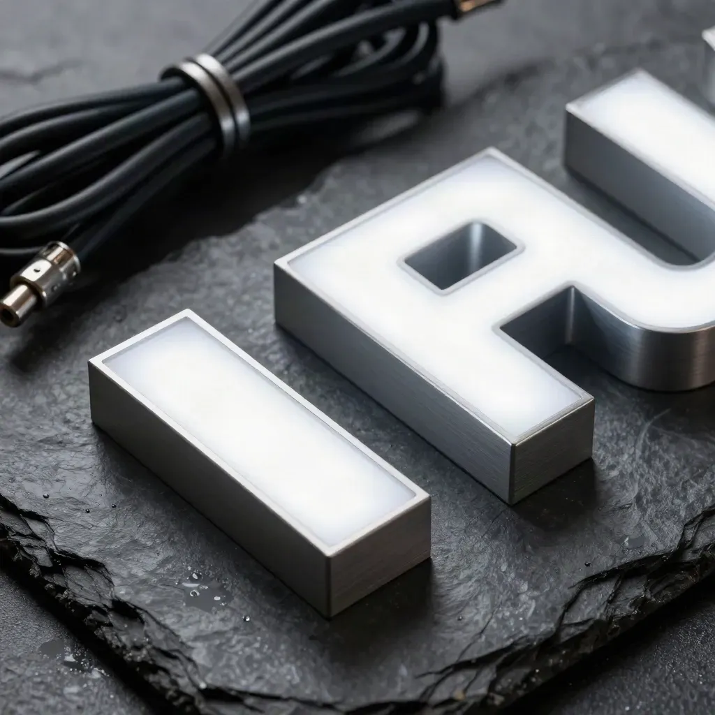 Wet illuminated channel letters on slate with cable, standoffs and spray beads