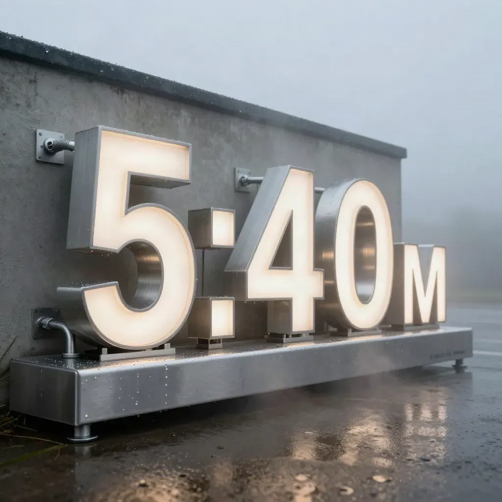 Glowing channel letters on a wet silver cradle in dawn fog