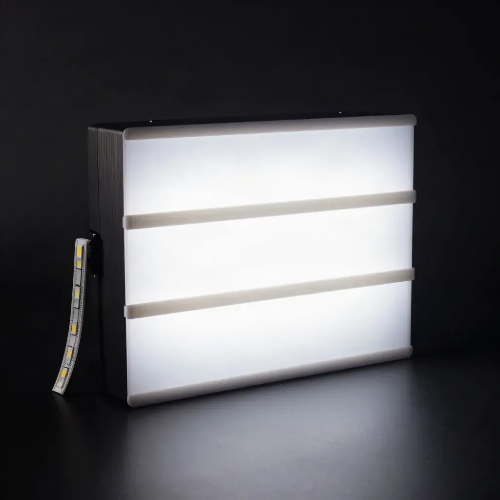 Glowing blank LED lightbox sign in a dark studio with brushed aluminum details.