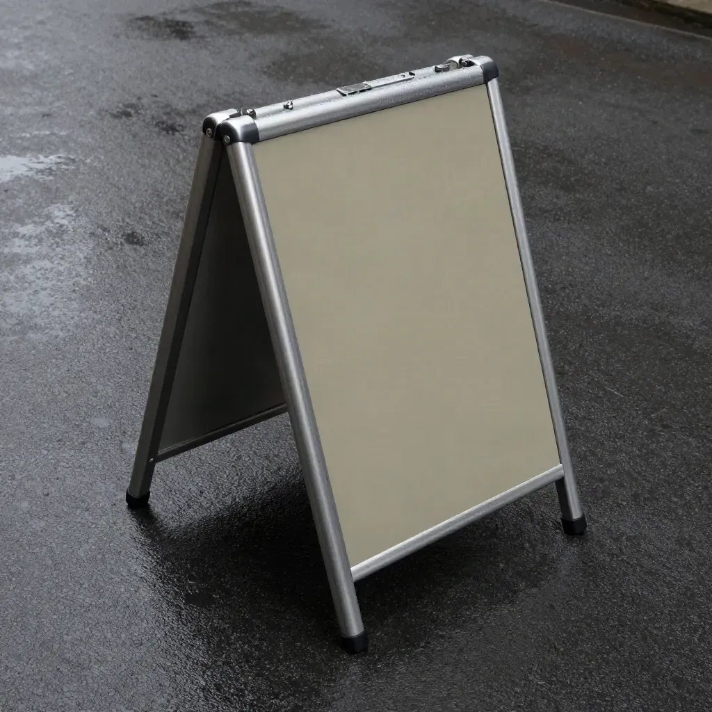 Open blank A-frame sidewalk sign on wet pavement with mist and crisp shadows