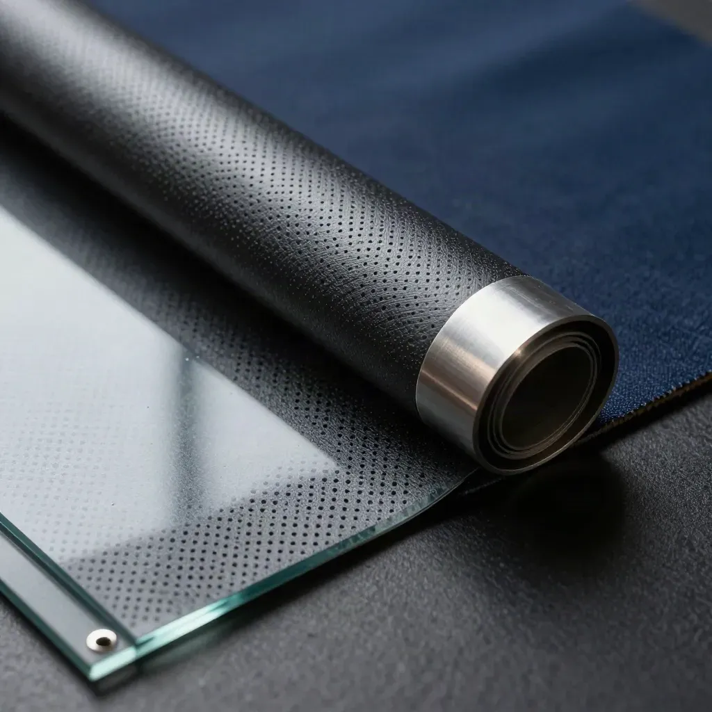 Macro of perforated window film on glass with rolled swatches, aluminum trim and moody daylight.