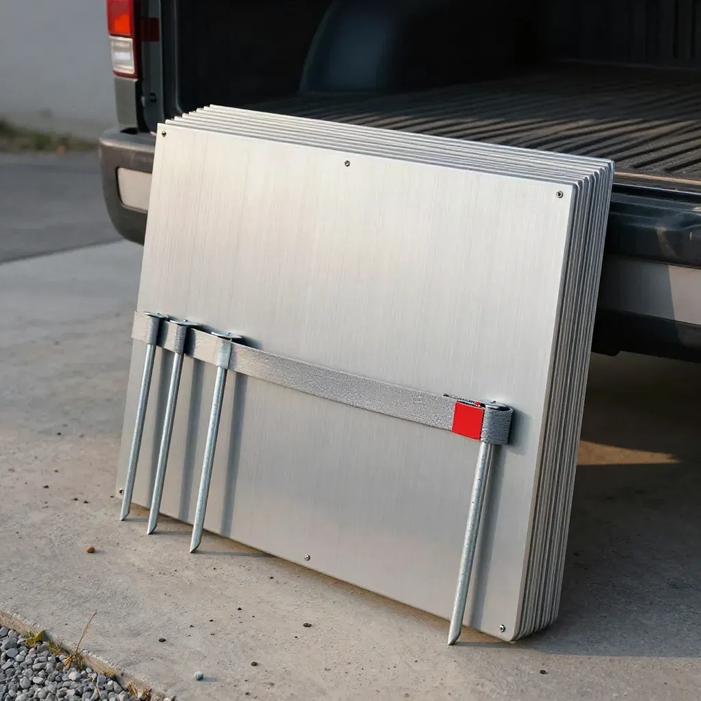 Blank yard sign bundle on concrete beside a truck bed, with stakes and dust in soft light.