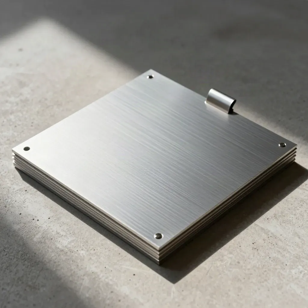 Brushed silver ACP panel, trim strip and fastening clip on pale concrete