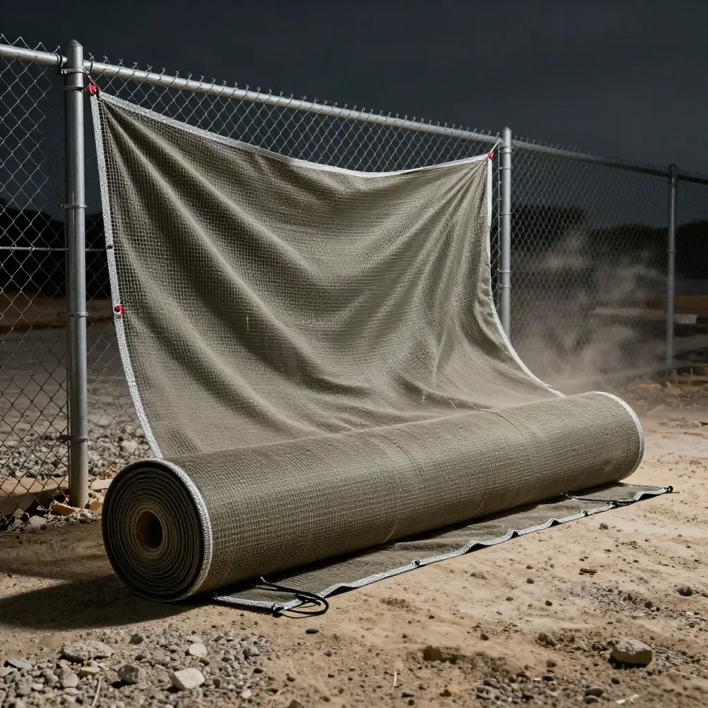Rolled fence mesh banner on a jobsite fence, rippling in wind with hardware and dust.