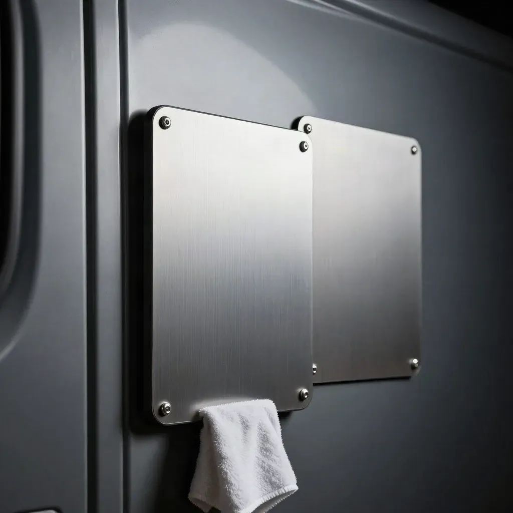 Blank magnetic truck door signs on a steel panel with cloth edge, brushed metal highlights and haze.