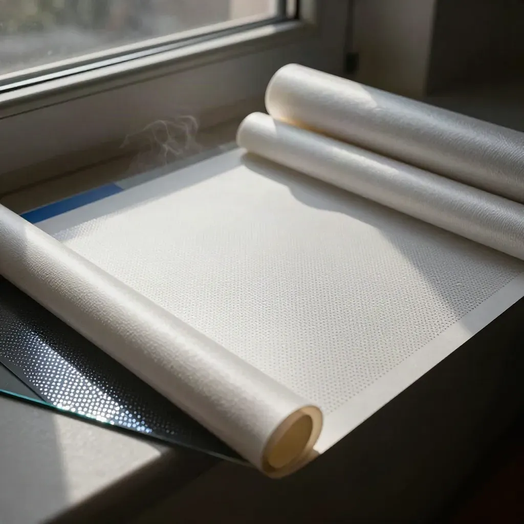 Perforated vinyl window sheet with rolled edges and a glass reflection wedge